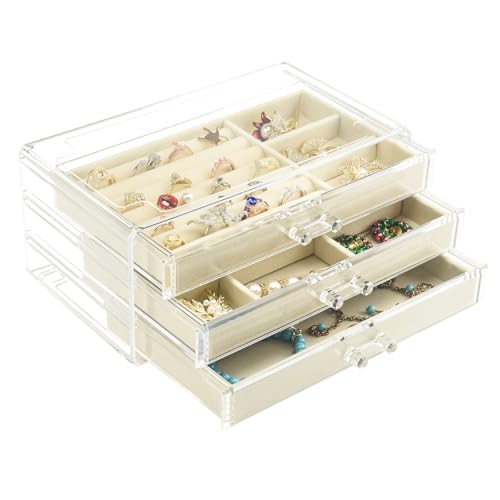 Weiai Acryl-Schmuckschatulle, 3 Schubladen, Samt-Schmuck-Organizer, Ohrring-Ringe, Halsketten, Armbänder, Vitrine, Geschenk für Frauen, Mädchen, Beige von Weiai