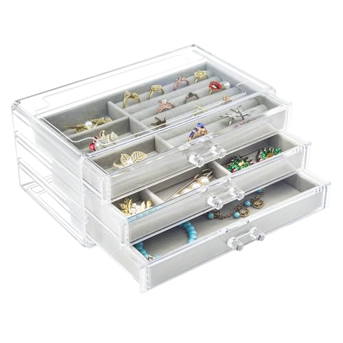 Weiai Acryl-Schmuckschatulle, 3 Schubladen, Samt-Schmuck-Organizer, für Ohrringe, Ringe, Halsketten, Armbänder, Vitrine, Geschenk für Frauen, Mädchen Weiai Acryl-Schmuckschatulle, 3 Schubladen, Samt-Schmuck-Organizer, für Ohrringe, Ringe, Halsketten, Armbänder, Vitrine, Geschenk für Frauen, Mädchen von Weiai