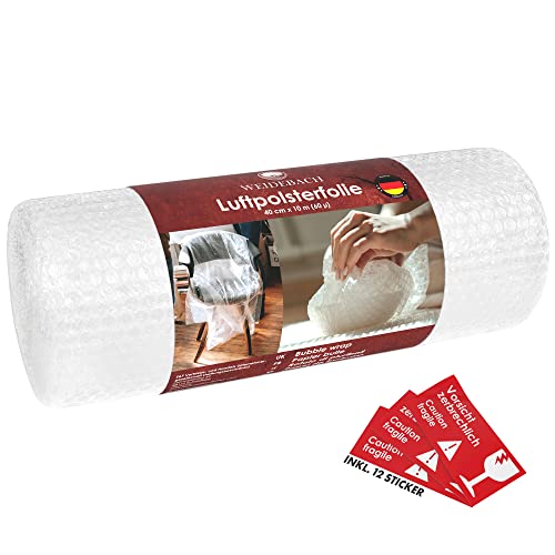 Weidebach® Hochwertige Luftpolsterfolie 10 m x 40 cm, Verpackungsfolie (echte 60 µ stark/ 2-lagig),Polsterfolie, Luftpolster schützen zerbrechliche Gegenstände, Bubble Wrap reißfest von Weidebach