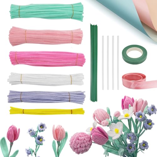 Weifeng 400pcs Pfeifenputzer Zum Basteln Set,Ergibt 2Set Tulip 6 Farben Pfeifenreiniger Blumen Set für Blumenstrauß DIY Dekor,Pfeifenreiniger Zum Basteln mit Blumendraht Geschenkband Geschenkpapier von Weifeng