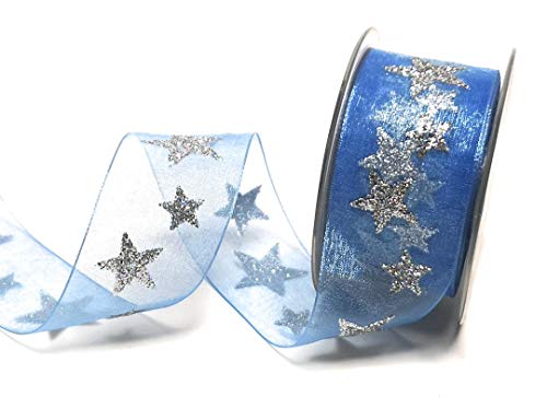 Schleifenband 15m x 40mm Organza STERNE hellblau - silber Dekoband Geschenkband [3418] von Weihnachtsband