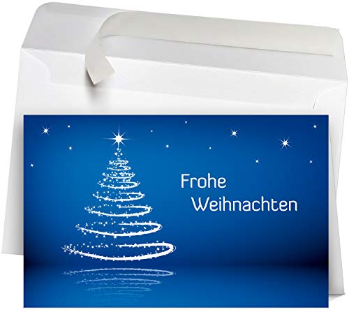 50 Premium Weihnachtskarten mit Umschlag Set für Firmen, hochwertige Klappkarten 19 x 12 cm groß, Weihnachtsbaum Sterne blau von Weihnachtskarten-Shop