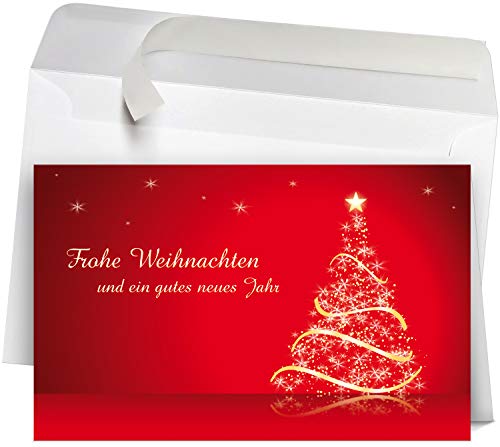 50 Premium Weihnachtskarten mit Umschlag Set für Firmen, hochwertige Klappkarten 19 x 12 cm groß, Weihnachtsbaum Sterne rot von Weihnachtskarten-Shop