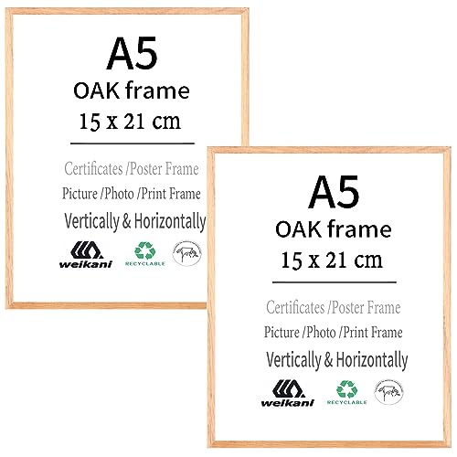 A5 Holz Bilderrahmen,2er Pack-15x21 cm EICHE Holz Fotorahmen,Urkundenrahmen mit Plexiglas für Wandmontage oder Tischaufsteller von Weikani