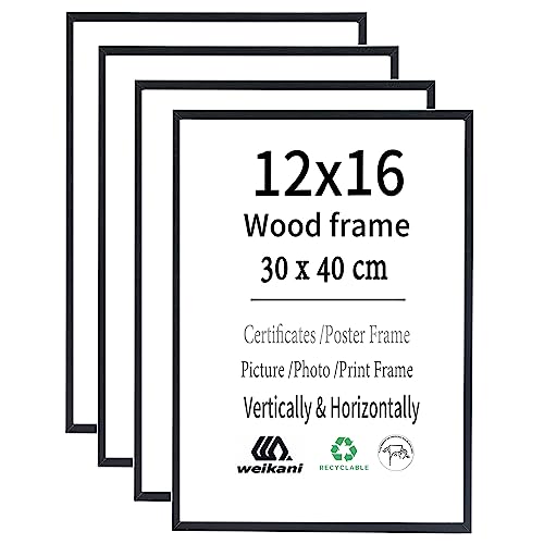 Weikani 12x16 Zoll Holz Bilderrahmen,4er Pack-30x40 cm Schwarzer Holz Fotorahmen,Urkundenrahmen mit Plexi-glas für Wandmontage oder Tischaufsteller von Weikani
