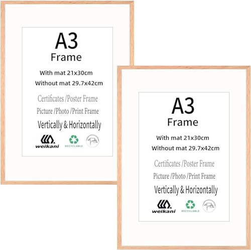 Weikani A3-Bilderrahmen aus Eichenholz mit A4-Matte, 2 Stück, 29,7 x 42 cm, Holz-Bilderrahmen, Zertifikatrahmen mit Plexi-glas für Wandmontage oder Tischaufstellung Weikani A3-Bilderrahmen aus Eichenholz mit A4-Matte, 2 Stück, 29,7 x 42 cm, Holz-Bilderrahmen, Zertifikatrahmen mit Plexi-glas für Wandmontage oder Tischaufstellung von Weikani