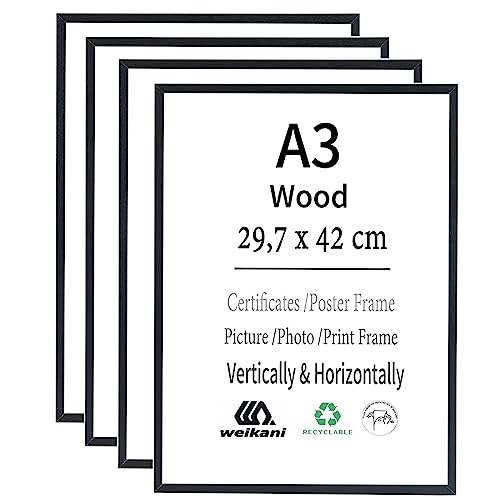 Weikani A3-Zertifikat-Bilderrahmen,schwarzer Holz rahmen mit high Definition Plexiglas für Wandmontage-Display, 29,7x42 cm, 4er-Set von Weikani