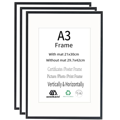 Weikani A3-Zertifikat-Bilderrahmen mit Matte,schwarzer Holz rahmen mit high Definition Plexiglas für Wandmontage-Display, 29,7x42 cm, 3er-Set von Weikani