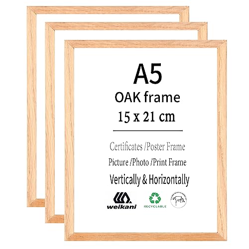 Weikani A5 Holz Bilderrahmen,3er Pack-15x21 cm EICHE Holz Fotorahmen,Urkundenrahmen mit Plexi-glas für Wandmontage oder Tischaufsteller von Weikani