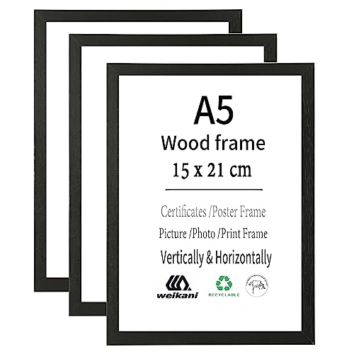 Weikani A5-Bilderrahmen, Schwarz, 3 Stück, 15 x 21 cm, Holz-Bilderrahmen, Zertifikatrahmen mit Plexiglas, für Wandmontage oder Tischaufstellung Weikani A5-Bilderrahmen, Schwarz, 3 Stück, 15 x 21 cm, Holz-Bilderrahmen, Zertifikatrahmen mit Plexiglas, für Wandmontage oder Tischaufstellung von Weikani