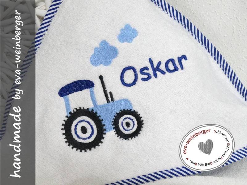 Kapuzenhandtuch Mit Namen 100x100 Traktor Badetuch Baby Handtuch Babybadetuch Personalisiert Bestickt von WeinbergerDesign