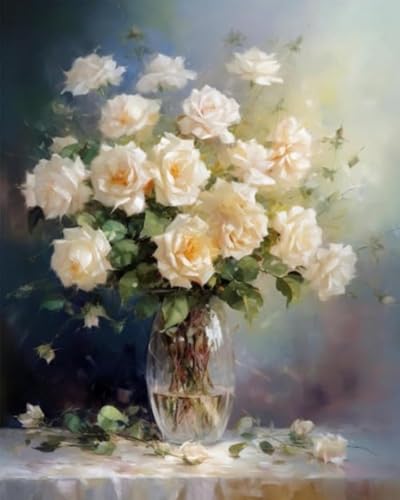 Weiniuniu 5D-Diamant-Malset Weiße Blumen DIY Malen Nach Zahlen Erwachsene und Kinder runde Strassmalerei Bilder Home Decor 40x50cm von Weiniuniu