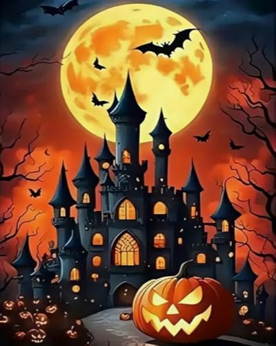 Weiniuniu Kreuzstich Stickpackung Halloween-Schlosskürbis DIY Stickvorlagen Stickbilder 11CT Vorgedruckt Kreuzstich Set für Anfänger Home Decor 40x50 cm von Weiniuniu