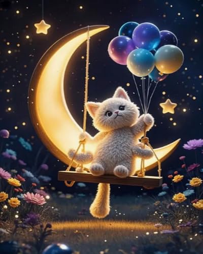 Weiniuniu Kreuzstich Stickpackung Katze auf dem Mond DIY Stickvorlagen Stickbilder 11CT Vorgedruckt Kreuzstich Set für Anfänger Home Decor 50x70 cm von Weiniuniu