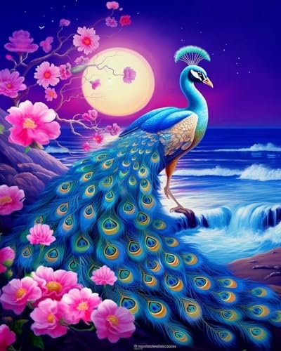 Weiniuniu Vorgedruckt Kreuzstich Stickpackungen Küstenlandschaft Pfau 11CT Stickbilder Erwachsene Sticken Set DIY für Anfänger Kreuzstich Home Decor 50x70 cm von Weiniuniu