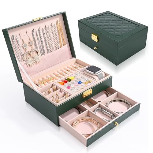 Schmuckkästchen, 2 Ebenen Schmuckaufbewahrung schmuckschatulle Reise PU-Leder, Schmuckbox Schmuckkoffer für Damen, Schmuckkästen für Ringe, Ohrringe, Halsketten und Uhren (Grün) von Weinsamkeit