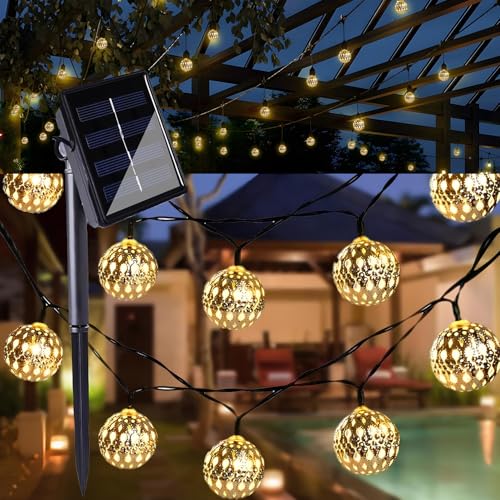 100led Kugel Led Lichterkette Marokkanische,12m Solar Lichterkette Aussen,Solarlichterkette AußEn Wetterfest,8 Modes Lichterkette Balkon Solar,Ip65 Wasserdicht,FüR Garten,Terrasse,Balkon(Warmweiß) von Weiongppy