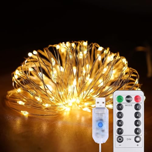 LED Lichterkette, 5 M 50 LED Kupfer Draht Micro Lichterkette Innen mit 8 Modi, Dimmen und Timer, Weihnachten Lichterketten für Schlafzimmer, Party, Hochzeit, Weihnachten (warmweiß) von Wekrigh