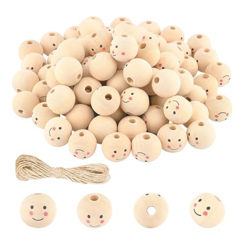 Wekuw 51 Stücke Holzperlen Mit Gesicht 20mm Perlen Mit Gesicht Smiley Perlen Wooden Beads with Face Puppenkopf Holzperlen Lächeln Holzperlen Geeignet für das Basteln von Armbändern und Halsketten von Wekuw