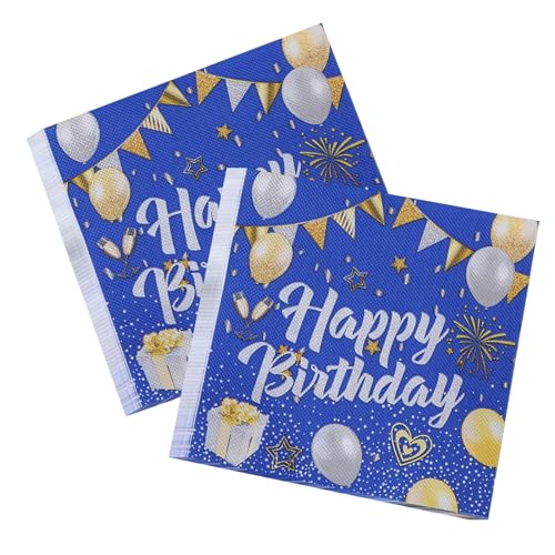 Wekuw Servietten Happy Birthday, 40 Stück Blau Gold, 33 x 33 cm von Wekuw