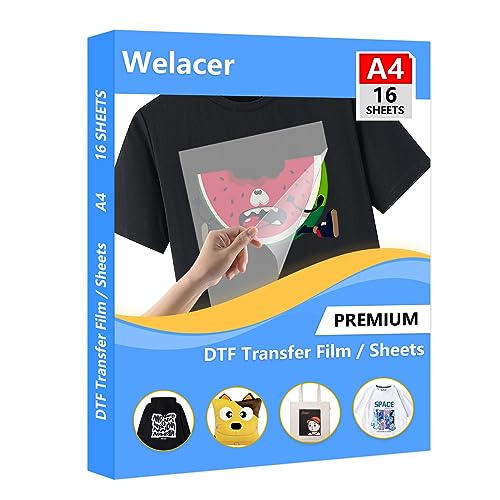 Welacer DTF Transferfolienpapier, A4 (21,3 x 29,7 cm), 16 Blatt, matt, doppelseitig, transparent, Vorbehandlungsblätter, PET-Wärmetransferpapier für Tintenstrahldrucker, Direktdruck auf T-Shirts von Welacer