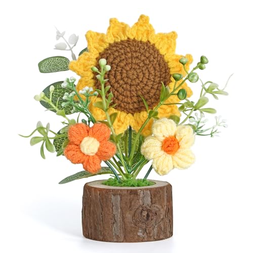 Weldomcor Künstliche Sonnenblumen Kleines Dankeschön Geschenke für Büro Schreibtisch Auto Armaturenbrett Dekoration, Mini Gehäkelte Blumen Häkelblumen Geschenke für Freunde Kollegen und Famili von Weldomcor