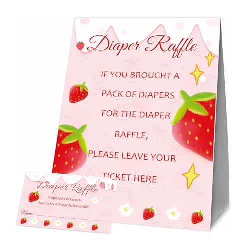 51 x rosa Erdbeer-Windel-Tickets mit stehendem Schild, Babyparty-Spiel-Set, "A Berry Sweet Baby is On The Way", Duschzubehör von Well tile