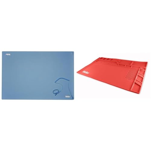 Weller T0051403699 Antistatische ESD Premium Tisch-Lötmatten Set, 900 x 600 mm, Blaue Lötmattensatz & WLACCWSM1-02 Anti-Rutsch Matte für Lötarbeiten Größe „groß“, Rot von Weller