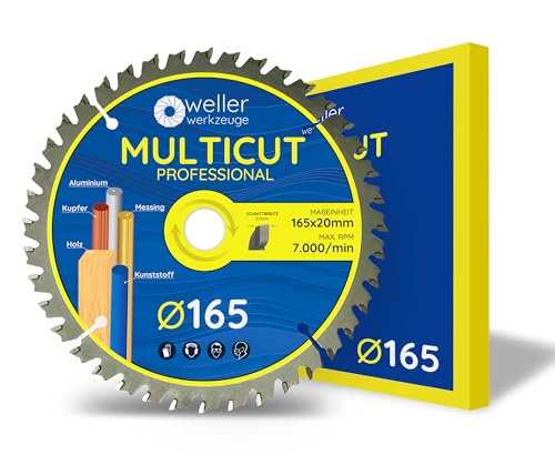 WELLERWERKZEUGE | Profi MULTICUT Kreissägeblatt Sägeblatt 165x20mm + 16mm 40 Zähne für Holz Kunststoff Aluminium passend für Akku Kreissäge Tischsäge von Wellerwerkzeuge