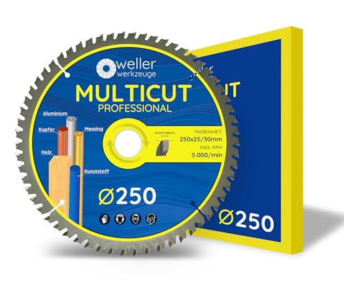 WELLERWERKZEUGE | Profi MULTICUT Kreissägeblatt Sägeblatt 250x30mm + 25mm 60 Zähne für Holz Kunststoff Aluminium passend für Akku Kreissäge Tischsäge für Bosch Einhell Scheppach von Wellerwerkzeuge