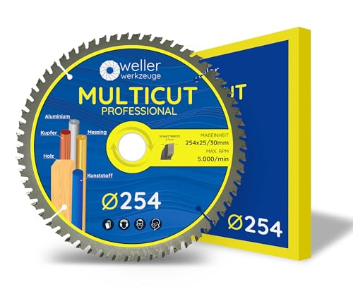 WELLERWERKZEUGE | Profi MULTICUT Kreissägeblatt Sägeblatt 254x30mm + 25mm 60 Zähne für Holz Kunststoff Aluminium passend für Akku Kreissäge Tischsäge für Bosch Einhell Metabo von Wellerwerkzeuge