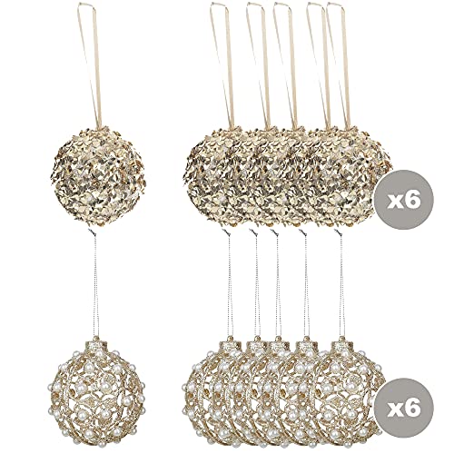 6 Stück Gold Glitzerkugeln + 6 Goldkugeln mit eingelegten Perlen 8 cm Durchmesser von WELLHOME