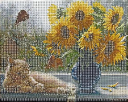 Diamond Painting "Sonnenblumen mit Katze" - 50 x 40 cm - Kreativset mit Kunststeinchen - Glanzbild von Weltbild