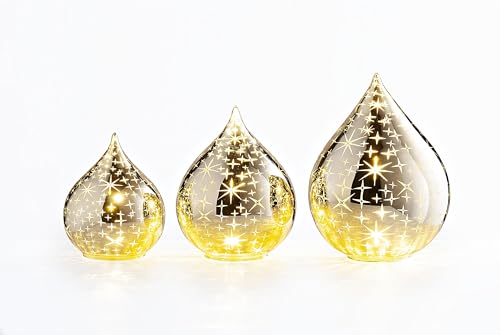 Weltbild Shine LED-Stimmungsleuchten 3er-Set – Goldene Glastropfen, 21 cm hoch, 12 warmweiße LEDs, Timer, Batteriebetrieb von Weltbild