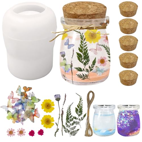 Glasharzformen-Set, DIY-Silikonformen für Gläser mit 5 Korkdeckeln, bunter Schmetterling, trockene Blumen und Deko-Seil, Aufbewahrungsflasche und Blumentopfherstellung von Wenceda