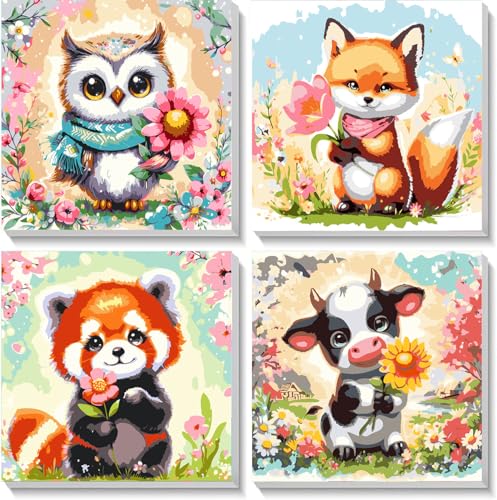 Wenfdrtr 4 Stück Tiere Malen Nach Zahlen Kinder Tiere-DIY Malen Nach Zahlen für Kinder Ab 5 6 7 8 9 10 Jahre mit Rahmen,Handgemalt Ölgemälde Kit Kreative Geschenke für Mädchen und Junge(20x20 cm) von Wenfdrtr