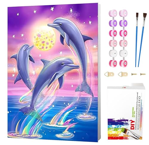 Wenfdrtr Malen Nach Zahlen Kinder ab 6 7 8 9 10 Jahre Mädchen mit Rahmen- Delphine Paint by Numbers für Anfänge, DIY Ölgemälde Leinwand Tiere Acrylfarbe Geschenkidee 20x30cm von Wenfdrtr
