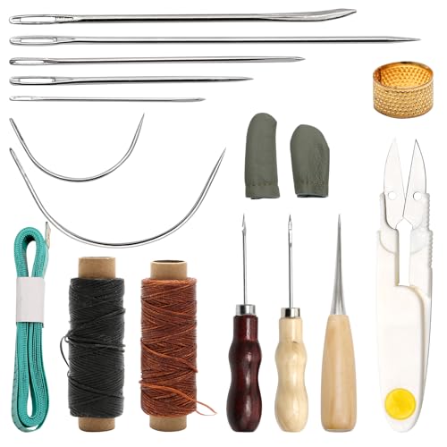 17 Stück Ledernadel Set, Leder Nähset, Ledernadeln Hand, 2 Rollen Leders Wachsfaden mit 7 Nadel, Fingerhut, Ahle mit Holzgriff, Fingerhüllen aus Leder, Leders Werkzeug für DIY Handwerk 17 Stück Ledernadel Set, Leder Nähset, Ledernadeln Hand, 2 Rollen Leders Wachsfaden mit 7 Nadel, Fingerhut, Ahle mit Holzgriff, Fingerhüllen aus Leder, Leders Werkzeug für DIY Handwerk von Weniubit
