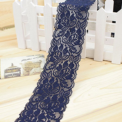 1 m elastisches Spitzenband mit Blumenbesatz, Stretchband, Nähband, Kleid, Rock, Dekoration, DIY, Basteln (dunkelblau) von WENKEN