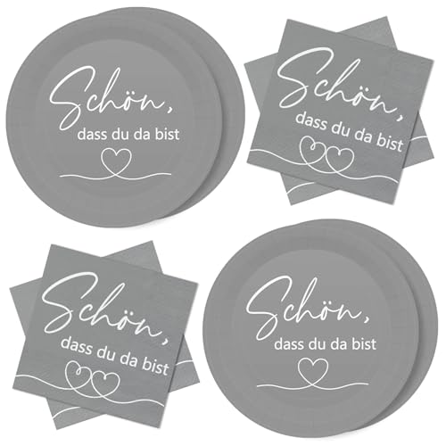 WenmthG 40 Servietten Pappteller mit Spruch 'Schön dass du da bist' für Geburtstag, Hochzeit und Party - Tischdeko Geburtstag für 20 Gäste - Servietten 3-Lagige weich, Pappteller wasserdicht von WenmthG