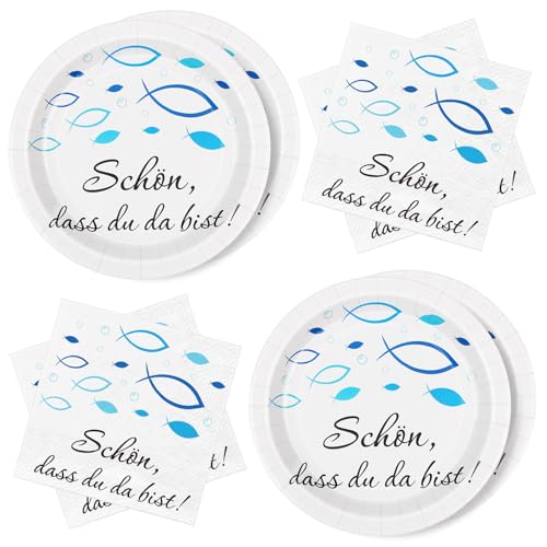 WenmthG 40 Stück Kommunion Deko Servietten und Pappteller Fisch Blau, Tischdeko für Taufe, Kommunion, Konfirmation und mehr. Ideal für Jungen mit Spruch Schön dass du da bist WenmthG 40 Stück Kommunion Deko Servietten und Pappteller Fisch Blau, Tischdeko für Taufe, Kommunion, Konfirmation und mehr. Ideal für Jungen mit Spruch Schön dass du da bist von WenmthG