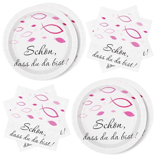 WenmthG 40 Stück Kommunion Deko Servietten und Pappteller Fisch Rosa, Tischdeko für Taufe, Kommunion, Konfirmation und mehr. Ideal für Mädchen mit Spruch Schön dass du da bist WenmthG 40 Stück Kommunion Deko Servietten und Pappteller Fisch Rosa, Tischdeko für Taufe, Kommunion, Konfirmation und mehr. Ideal für Mädchen mit Spruch Schön dass du da bist von WenmthG