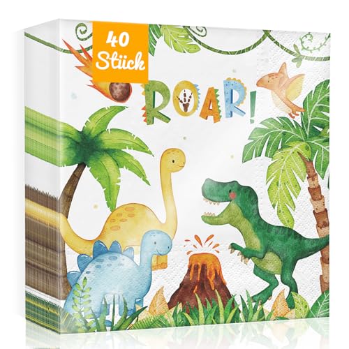WenmthG 40 Stück Servietten Dinosaurier Kindergeburtstag Deko 33 x 33 cm - 40 Servietten Geburtstag Junge Mädchen weich Kein abfärben, Dino Servietten Deko von WenmthG