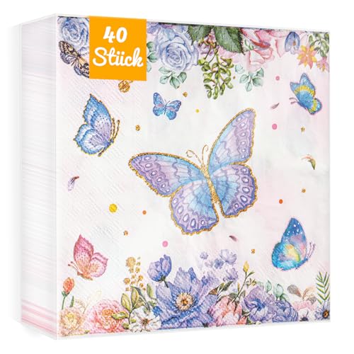 WenmthG 40 Stück Servietten Schmetterling Kindergeburtstag Deko 33 x 33 cm - 40 Servietten Geburtstag Junge Mädchen weich Kein abfärben, Schmetterling Servietten Deko von WenmthG