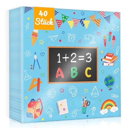 WenmthG Einschulung Deko Jungen 40 Servietten für Einschulung, Schulanfang, Schuleinführung Deko - Ideal für Jungen mit Schule Schulkind 1 + 2 = 3 bunten ABC Motiv - 3-Lagige weich 33 x 33 cm (Blau) von WenmthG