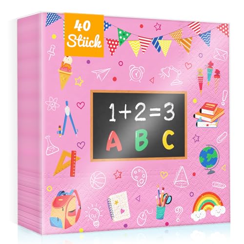 WenmthG Einschulung Deko Mädchen 40 Servietten für Einschulung, Schulanfang, Schuleinführung Deko - Ideal für Mädchen mit Schule Schulkind 1 + 2 = 3 bunten ABC Motiv - 3-Lagige weich 33 x 33 cm (Rosa) von WenmthG