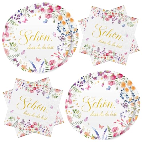 WenmthG 40 Stück Servietten Pappteller Hochzeit Deko - Blumen mit Spruch Schön dass du da bist - Servietten 3-Lagige weich, Pappteller wasserdicht - Tischdeko für Hochzeit, Frühling, Taufe, Sommer WenmthG 40 Stück Servietten Pappteller Hochzeit Deko - Blumen mit Spruch Schön dass du da bist - Servietten 3-Lagige weich, Pappteller wasserdicht - Tischdeko für Hochzeit, Frühling, Taufe, Sommer von WenmthG