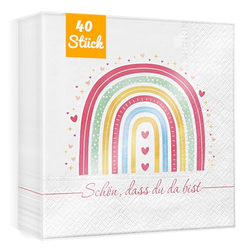 WenmthG Regenbogen Deko Servietten Kindergeburtstag Deko - 40 Stück Regenbogen Servietten für Taufe Kindergeburtstag Einschulung Mädchen Babyparty mit Spruch Schön dass du da bist - 33 x 33 cm von WenmthG