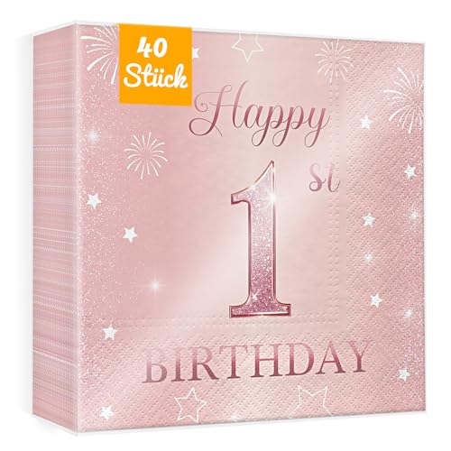 WenmthG Servietten 1. Geburtstag Mädchen Deko - 40 Stück Rosa Servietten 3-Lagige weich 33 x 33 cm - 1. Geburtstag Deko - Geburtstagsdeko 1 Jahr Kindergeburtstag von WenmthG