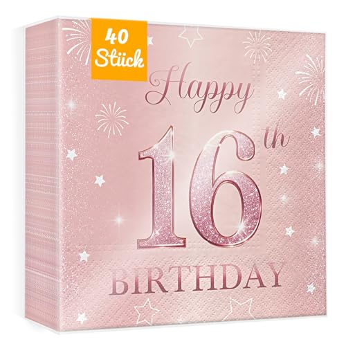WenmthG Servietten 16. Geburtstag Mädchen Deko - 40 Stück Rosa Servietten 3-Lagige weich 33 x 33 cm - 16. Geburtstag Deko - Geburtstagsdeko 16 Jahr von WenmthG